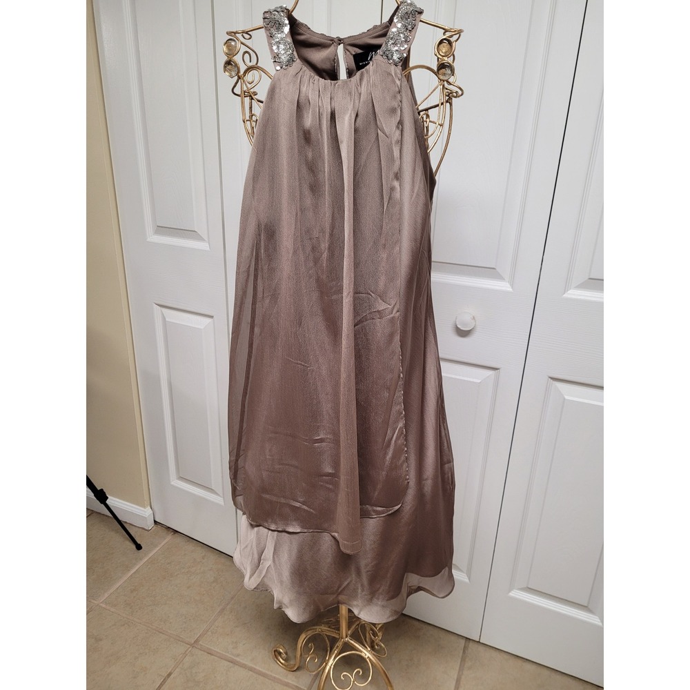 Taupe Sequin Shoulder Grecian Womens Layered ChiffonLike Sheath Dress Size 12
